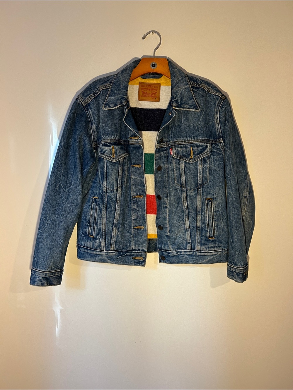 Levi's Dark Blue Denim Jacket with Hudson’s Bay Stripe Lining